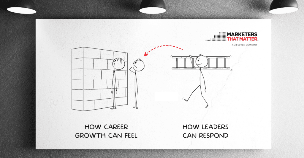 Image of people up against a brick wall, resembling marketers hitting a roadblock in their career journey, and another stick figure carrying a ladder, resembling a leader investing in them with tools for growth.