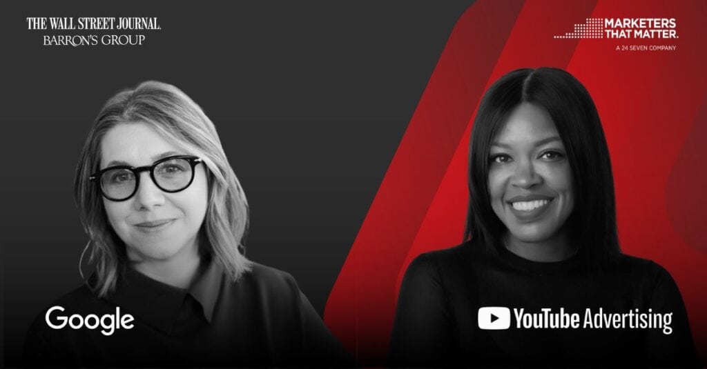 Image of two female marketing leaders against gray and red background. Marie Gulin-Merle, Global Vice President of Ads Marketing at Google, and  Anne Marie Nelson-Bogle, Vice President of YouTube Ads Marketing at  Google